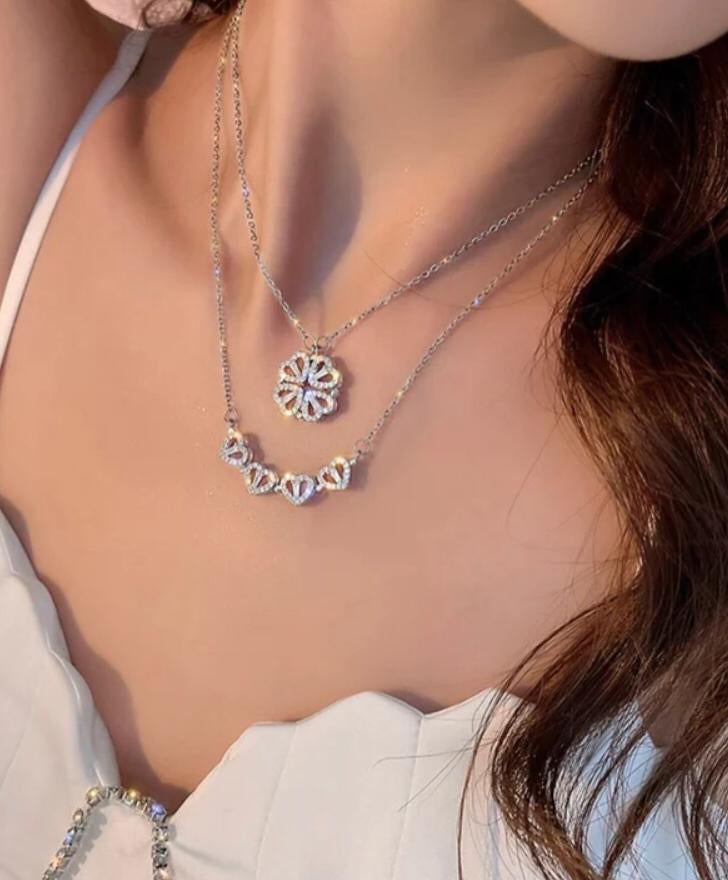 Collana cuori/quadrifoglio in argento 925 e zirconi.